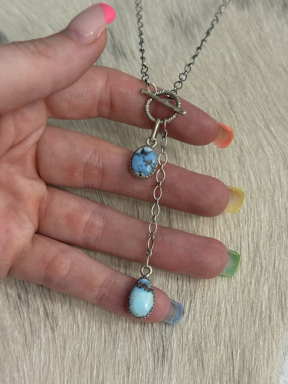 Sterling Silver Blue Golden Hills Turquoise Double Dangle Lariat Toggle Necklace
